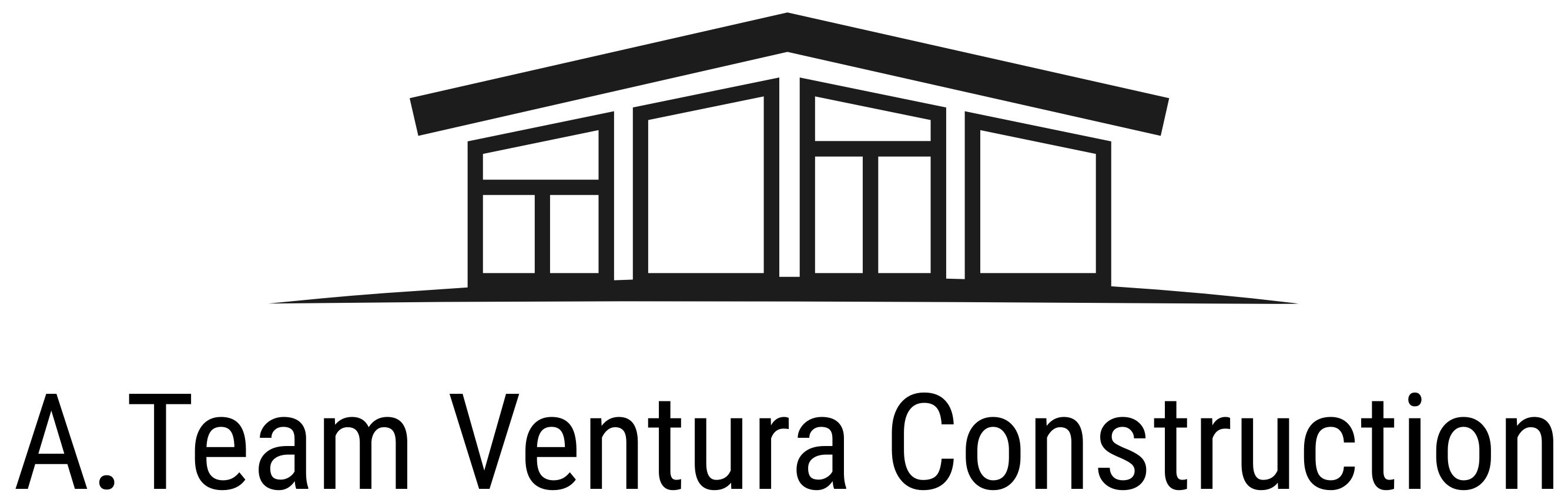 A. Team Ventura Construction Logo with white background. The logo which is outlined in black, is a 2d house with a roof, and 4 equally divided windows making up the the front of the house. The four windows start at the bottom of the house and go all the way up following the roof. It also has a line at the bottom of the house to resemble the the ground. Under the house it says A.Team Ventura Construction.